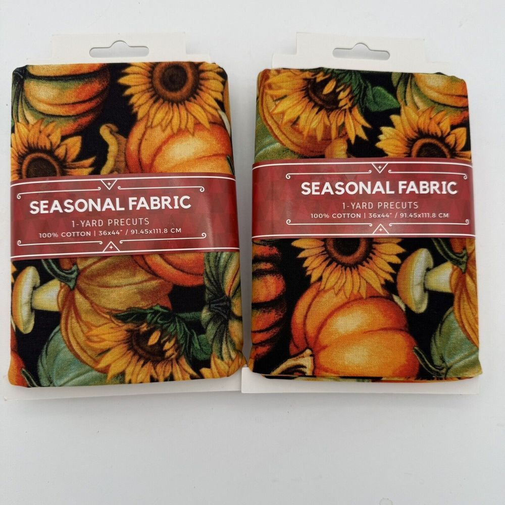 Fabric 1 Yard 44"W x 36" L Cotton Fall Color Pumpkin Mushroom Sunflower Lot Of 2
